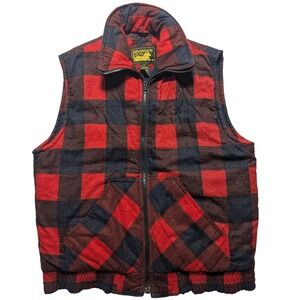 VTG Branded Lion Mens Buffalo Plaid Puffer Vest Red Black Quilted Full Zip Large